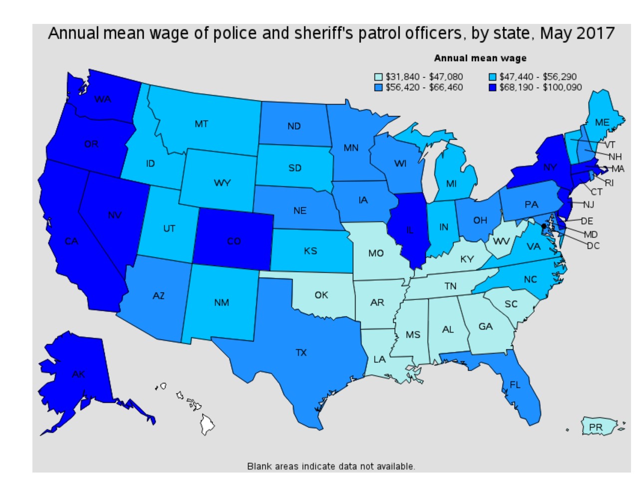 Annual mean wage of police and sheriff's patrol officers, by state, May 2017
