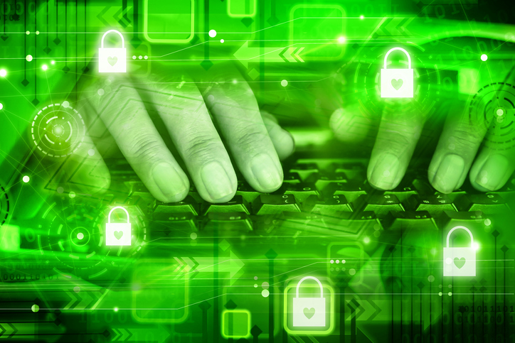 man hand on computer keyboard with security lock icon, modern technology forensic computing in green background