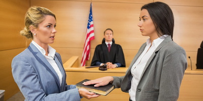 court clerk swearing in witness in courtroom