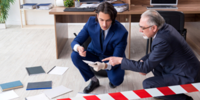 two criminologists studying a crime scene